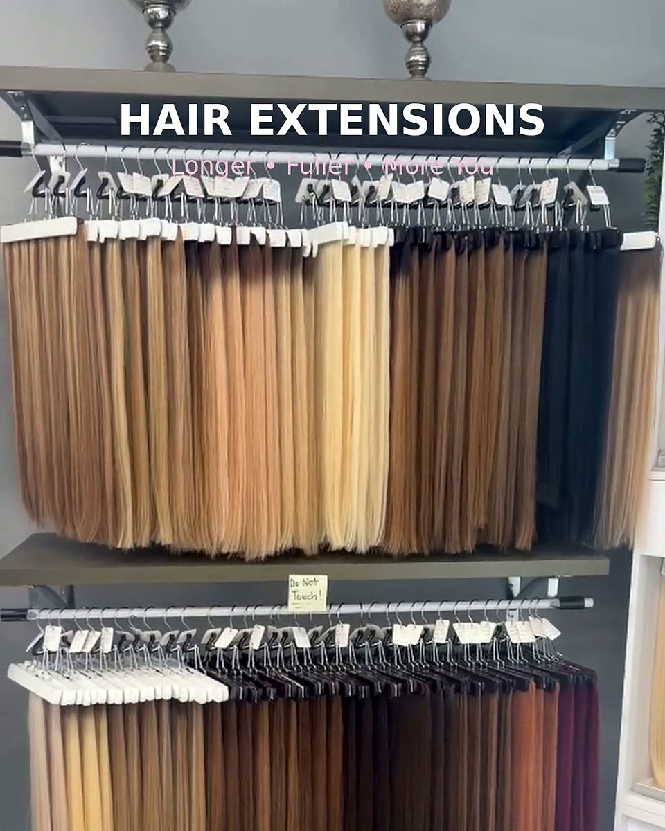 The salon's wall of hair extensions in many shades
